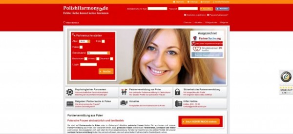 Screenhot der Webseite PolishHarmony.de. Polish Harmony ist eine Online Partnervermittlung